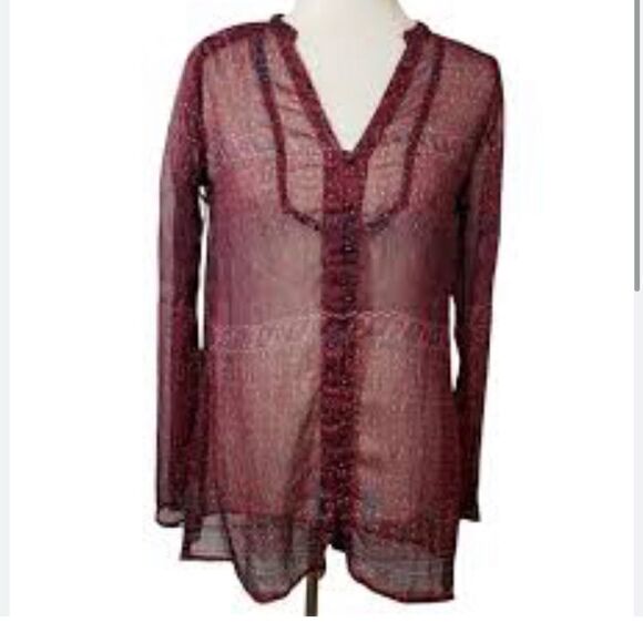 Converse One Star Burgundy Paisley Print Semi Sheer Button Up Tunic Blouse - Picture 15 of 16